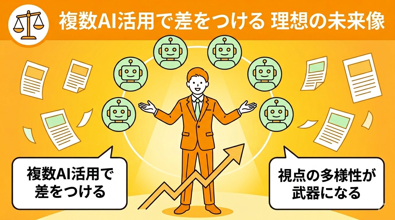 複数AI活用で差をつける理想の未来像イラスト