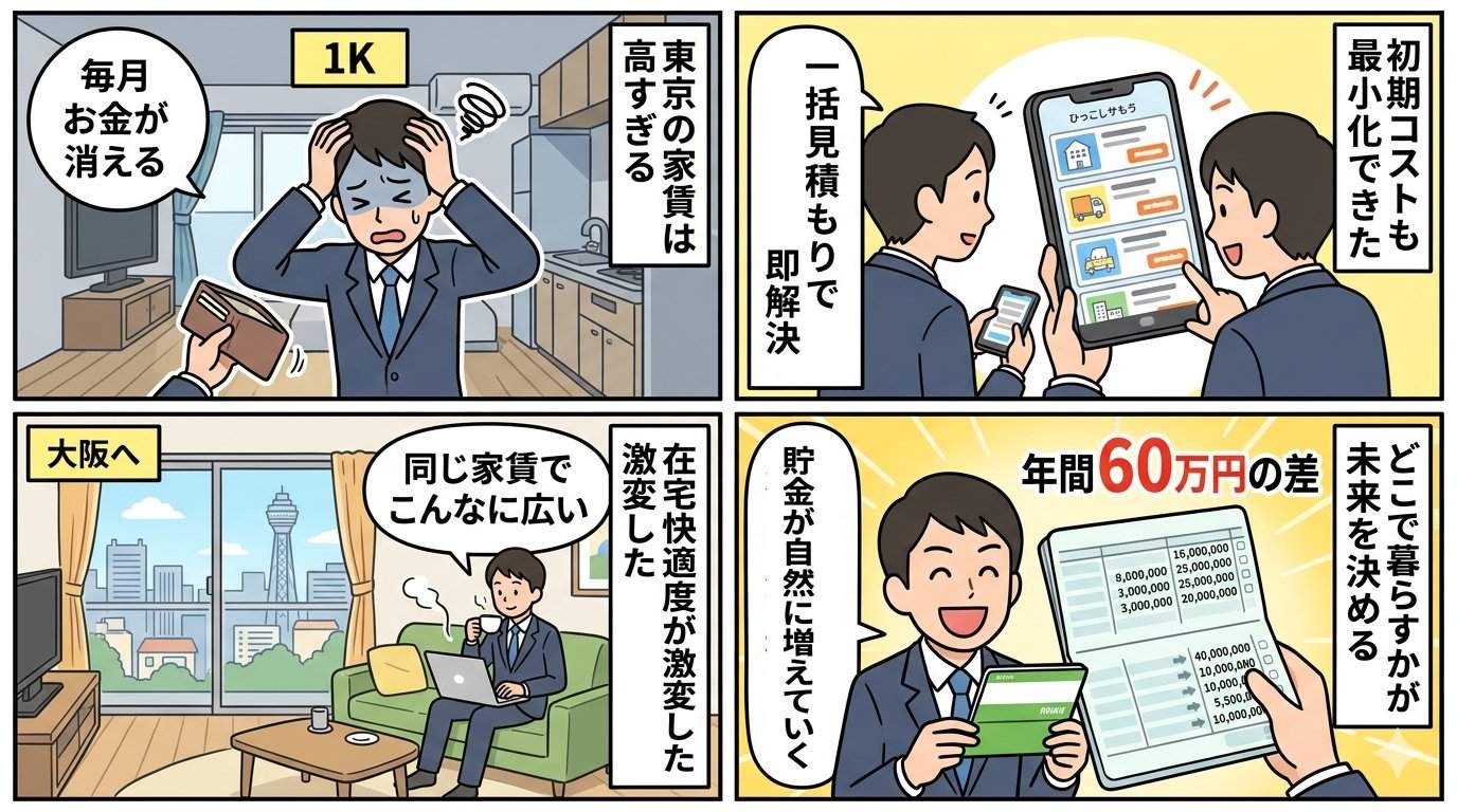 家賃10万円で東京1K・大阪1LDKの広さ比較と外食コスト比較インフォグラフィック