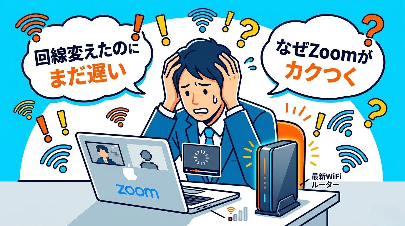 高速回線に変えたのにPCのネットが遅いままで困惑するビジネスパーソンのイラスト