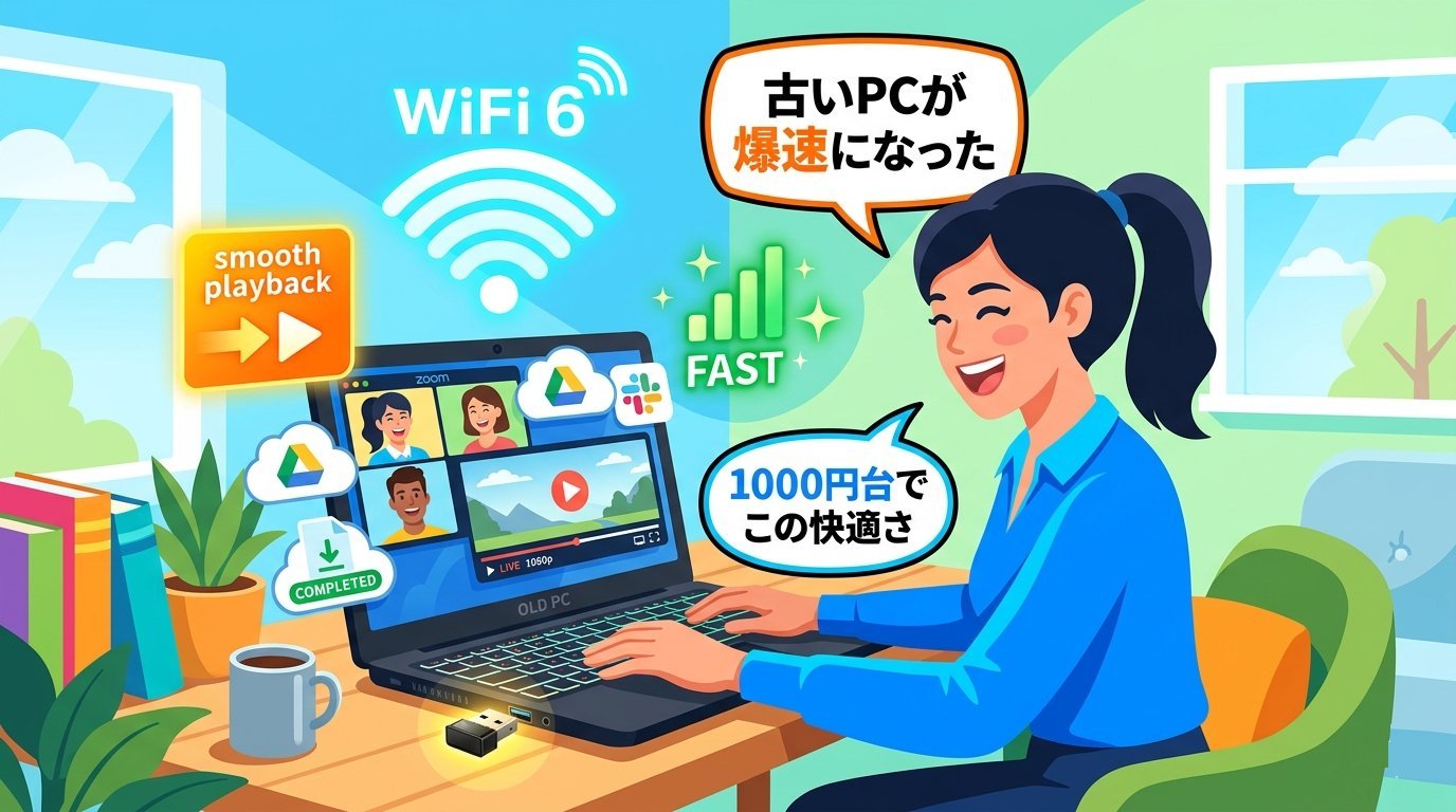 Archer TX1U NanoでPCのネット環境が劇的に改善する体験を描いた4コマ漫画イラスト