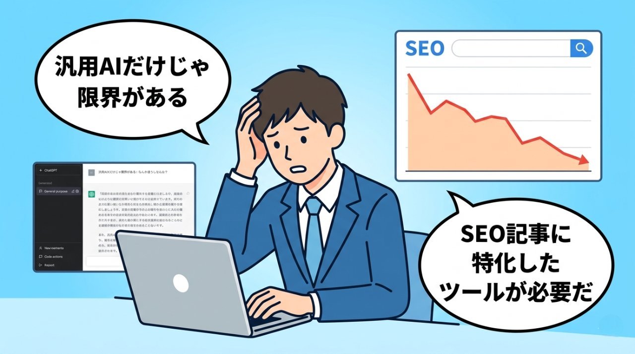 汎用AIだけじゃ限界がある・SEO記事に特化したツールが必要だと悩むブロガーのイラスト