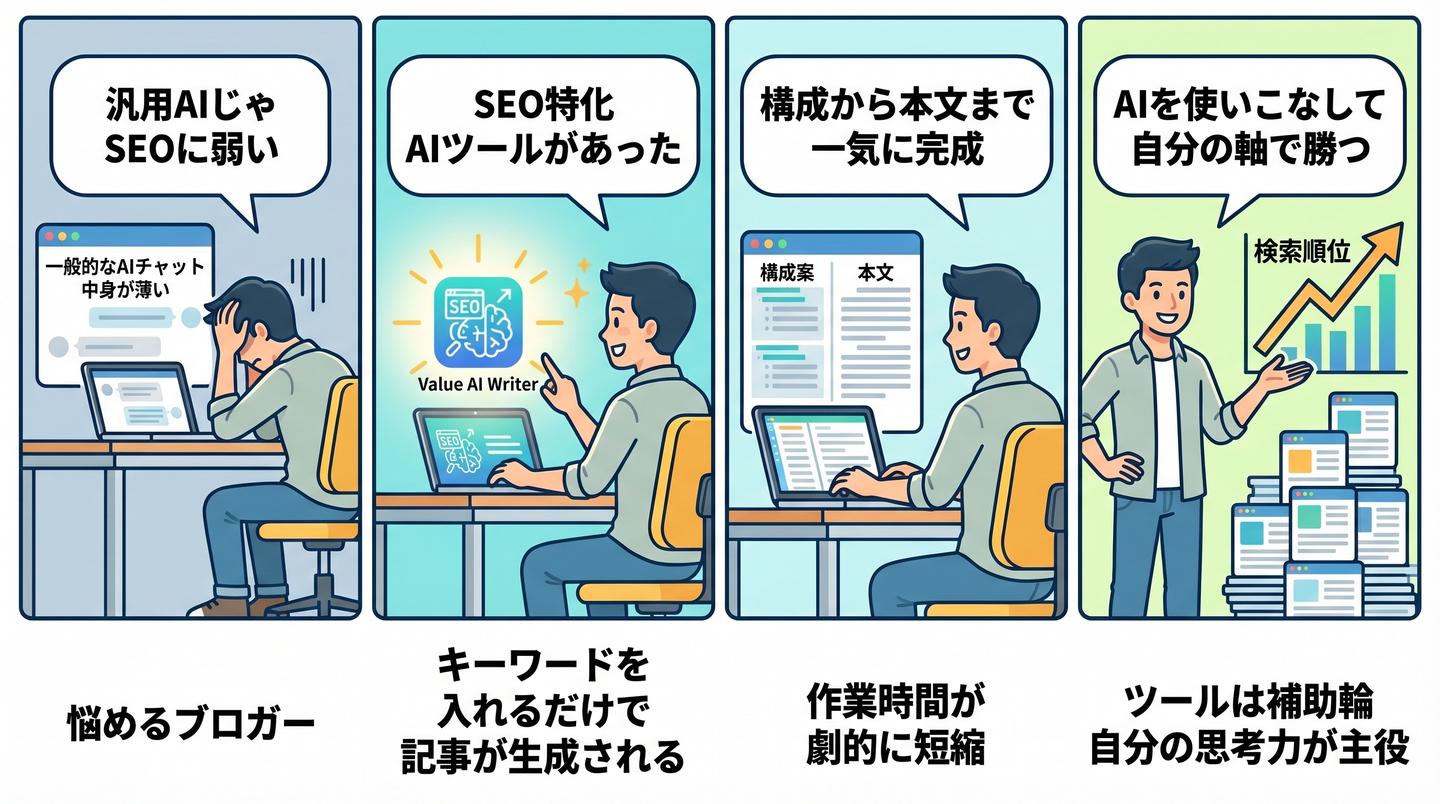 Value AI Writerの使い方を4コマ漫画で解説・汎用AIの限界からSEO特化ツール活用まで