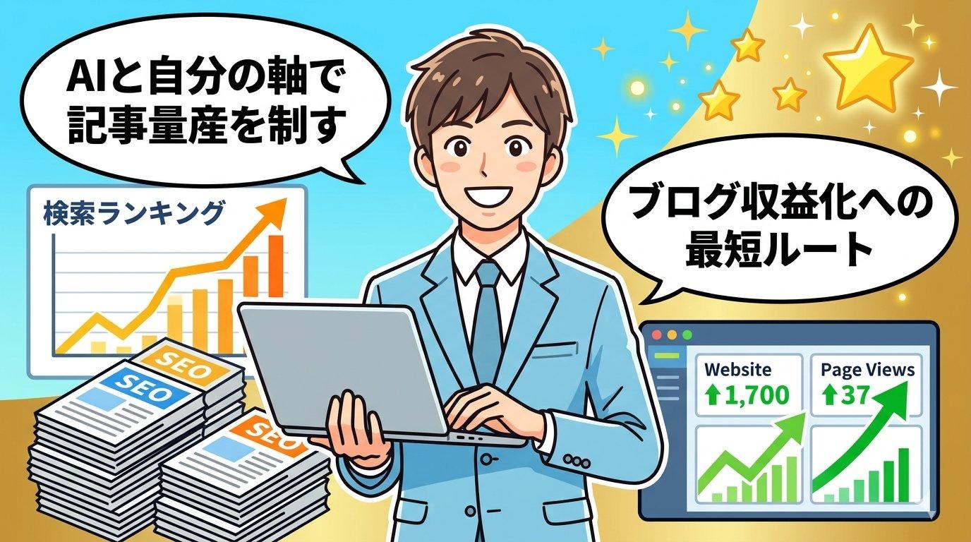 AIと自分の軸で記事量産を制す・ブログ収益化への最短ルートを示す未来イメージ