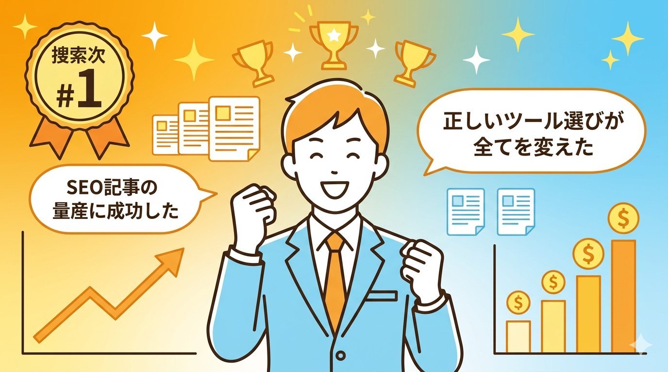 SEO記事の量産に成功し検索1位を達成したビジネスパーソンの達成感あふれるイラスト