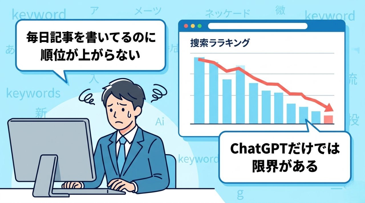 毎日記事を書いているのに検索順位が上がらない悩みを抱えるビジネスパーソンのイラスト