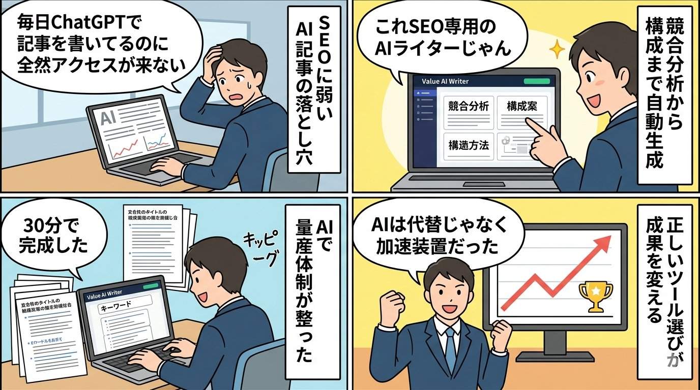 ChatGPTとValue AI Writerの役割分担を4コマ漫画で解説したイラスト