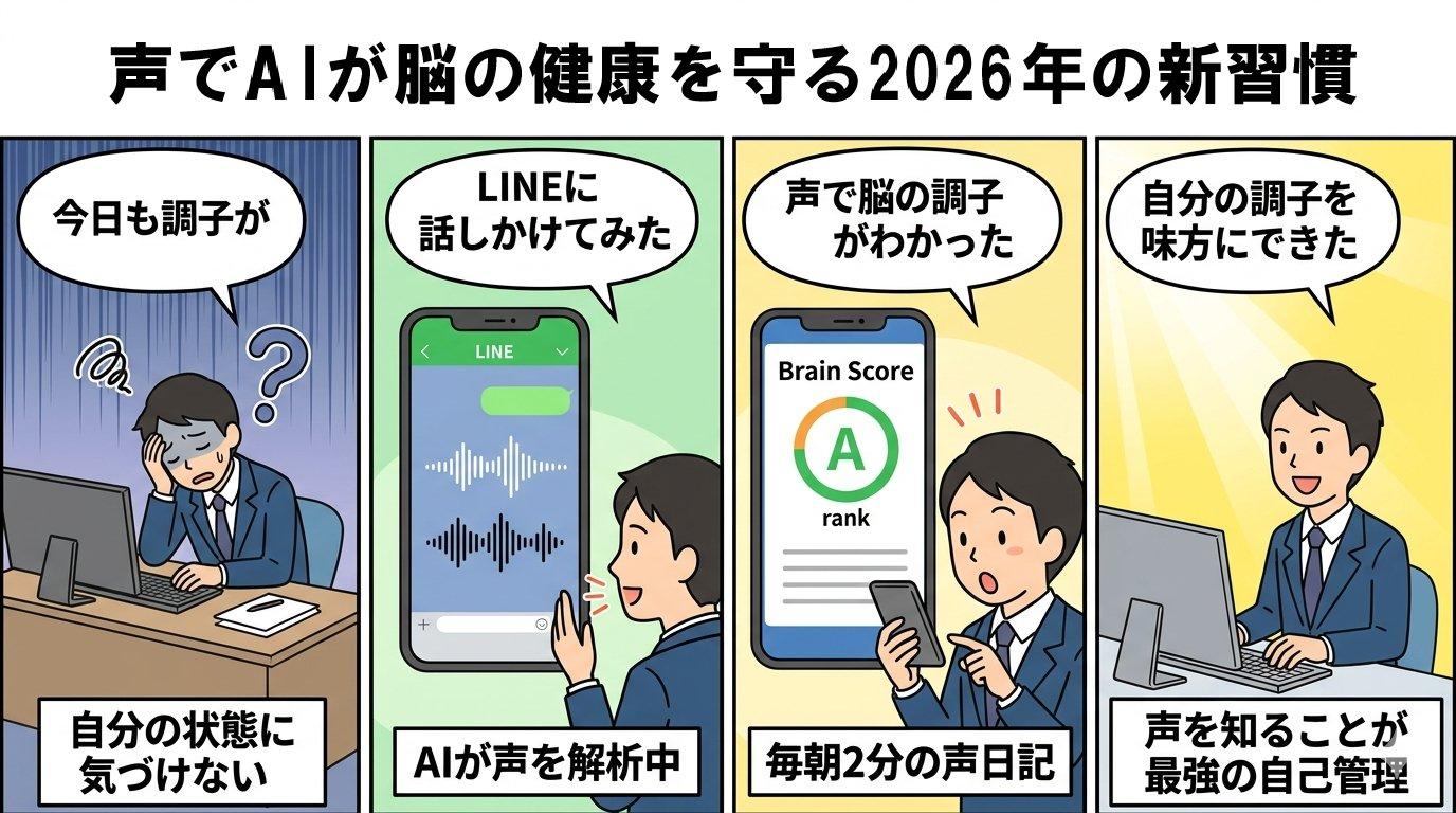 声でAIが脳の健康を守る2026年の新習慣を4コマ漫画で図解したイメージ