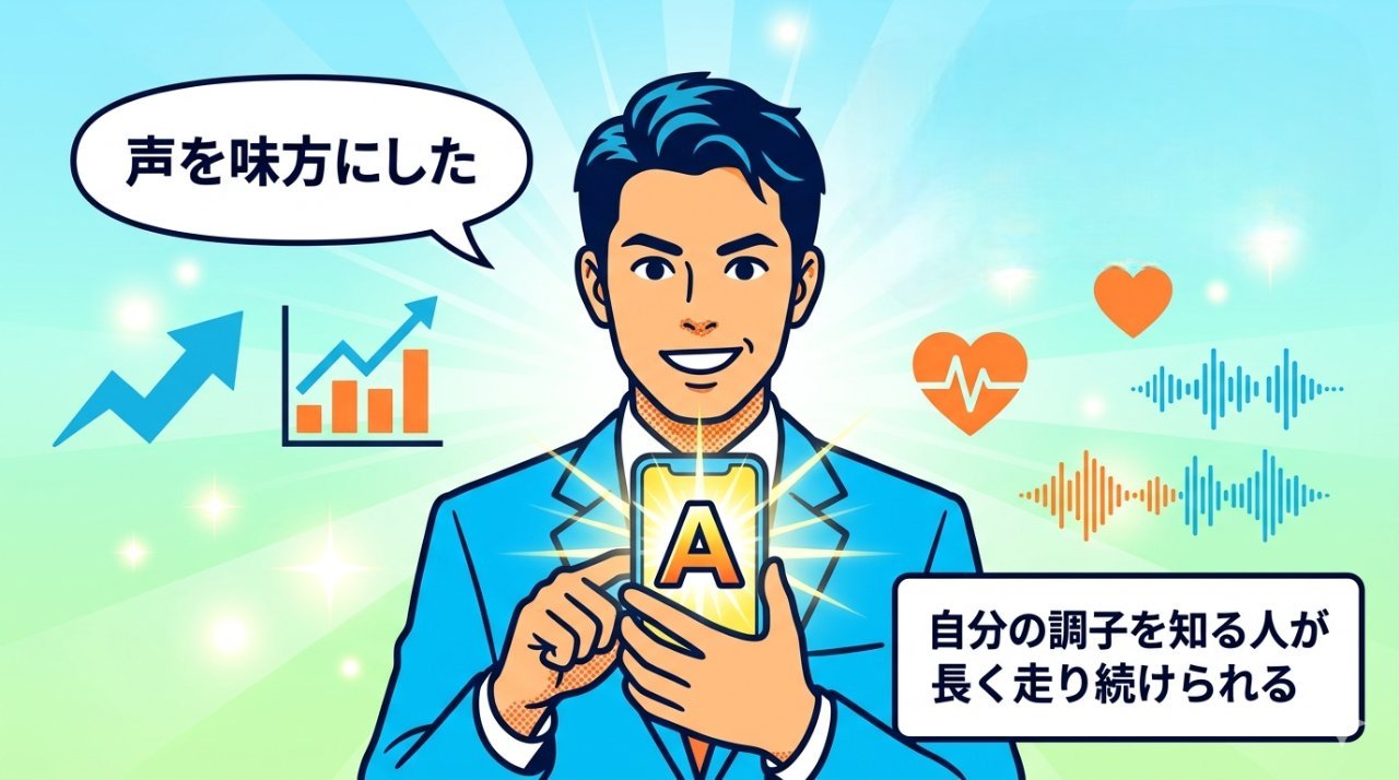 声を味方にして脳スコアAランクを手にした自信に満ちたビジネスパーソンの未来イメージ