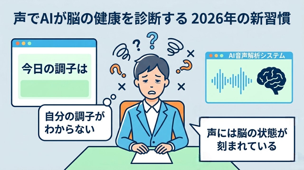自分の脳の調子がわからないと悩むビジネスパーソンと音声AIによる解析のイメージ