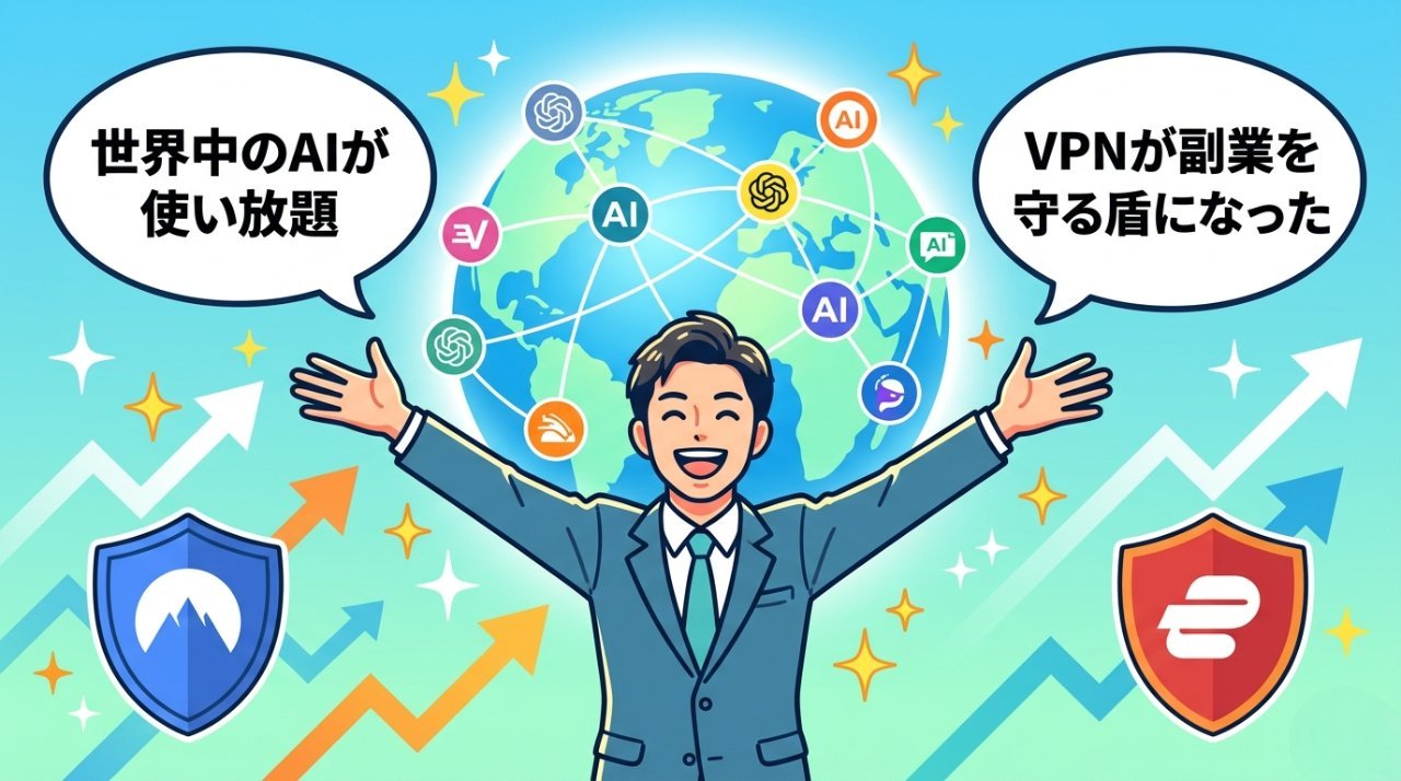 VPN導入後の理想の未来・世界中のAIツールを使いこなす副業ブロガーのイラスト