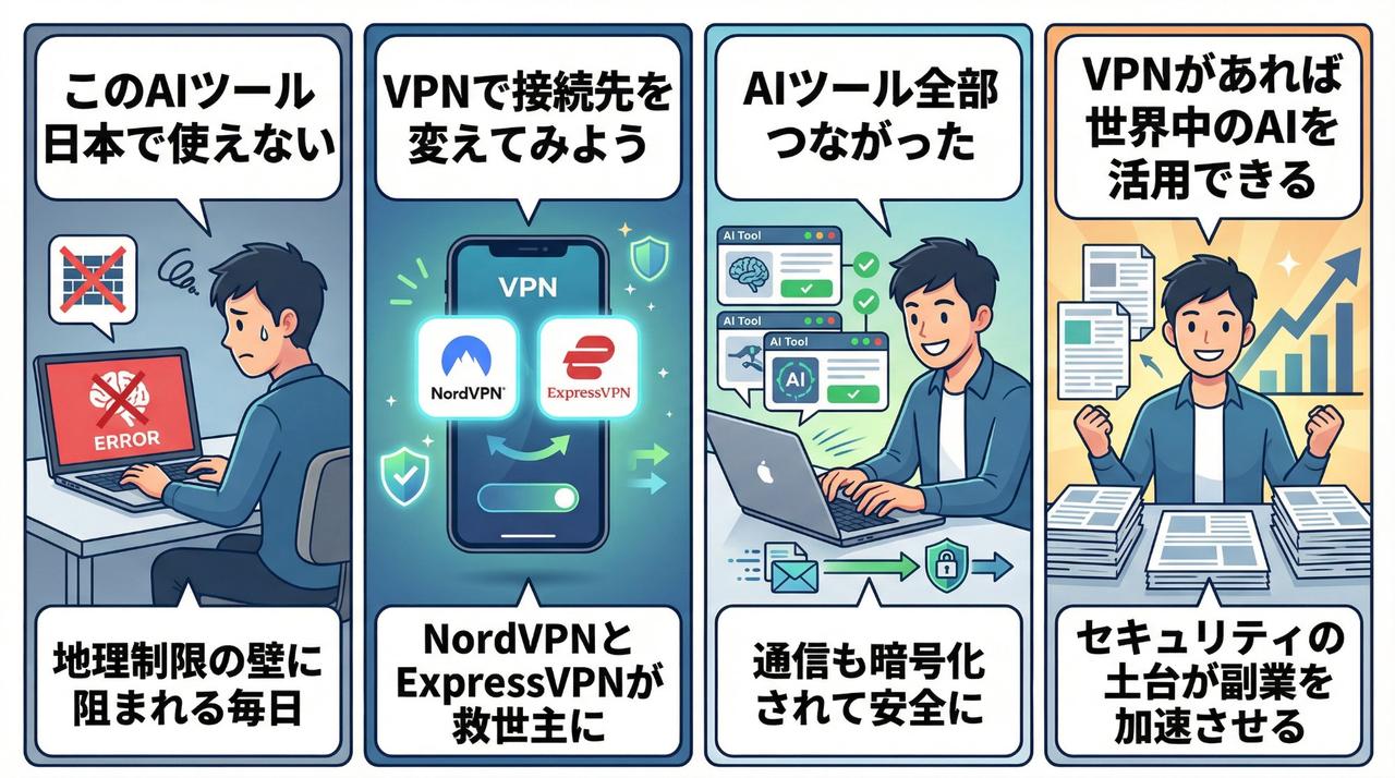 VPNでAI副業が変わる4コマ漫画