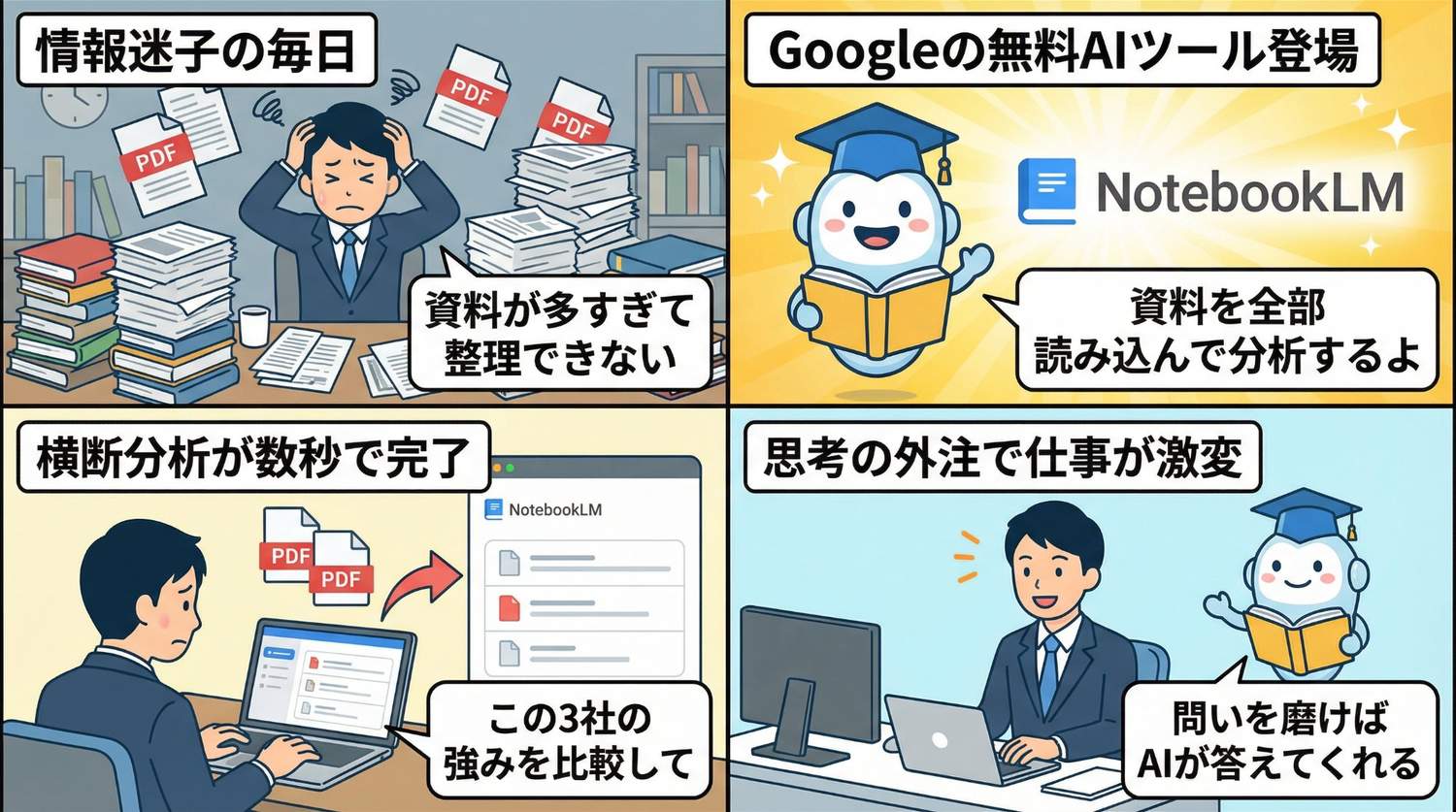 NotebookLMの仕組みを解説した4コマ漫画
