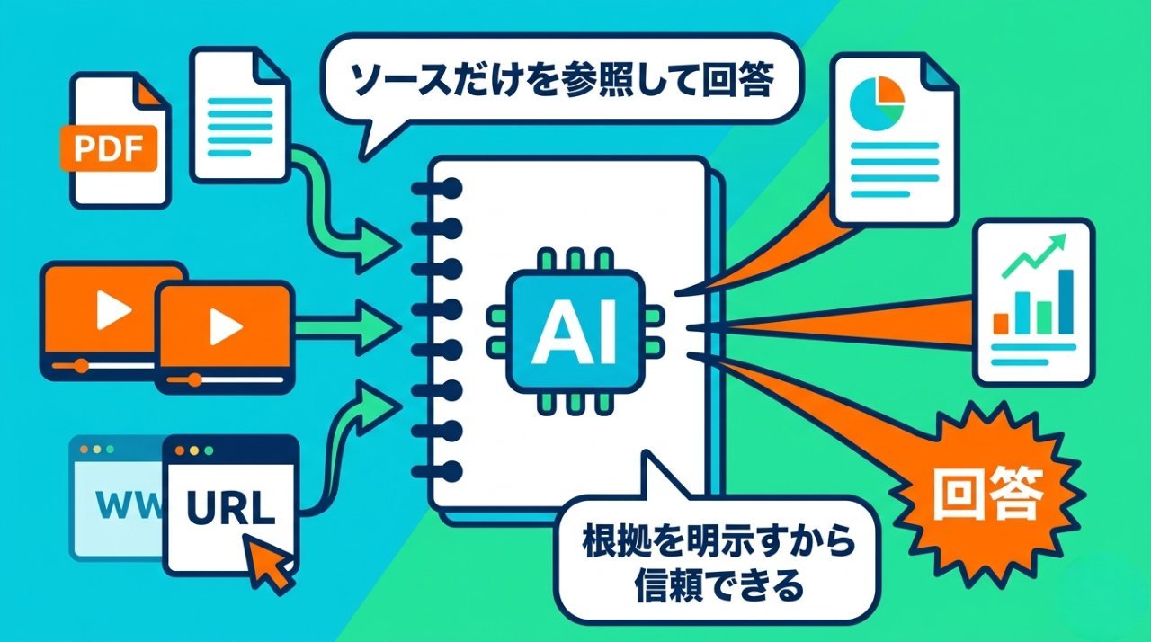 PDF・YouTube・URLをNotebookLMに読み込ませて回答を得る仕組みのフロー図