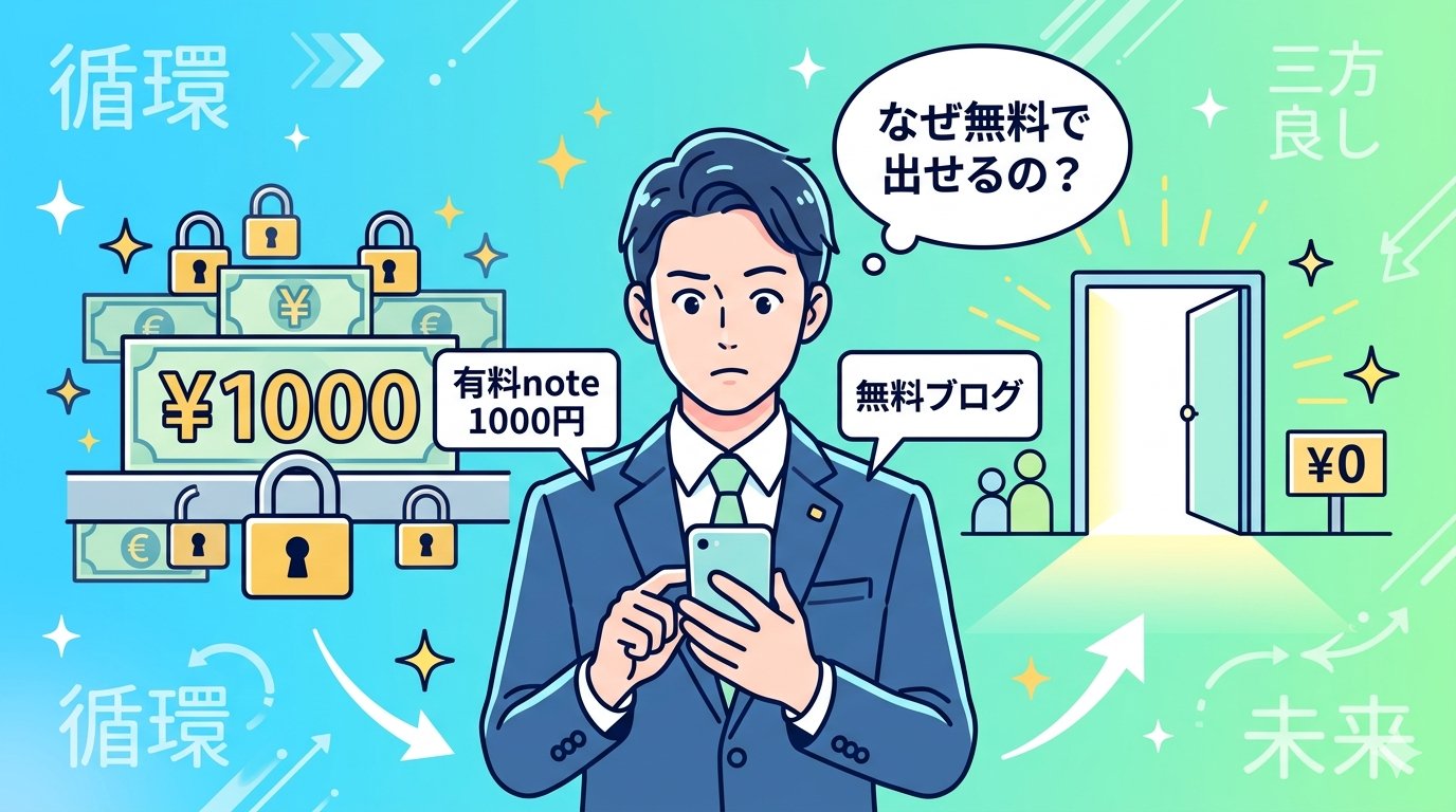 有料noteと無料ブログの二択で悩むビジネスパーソン。なぜ無料で出せるのかという疑問を表した導入イラスト