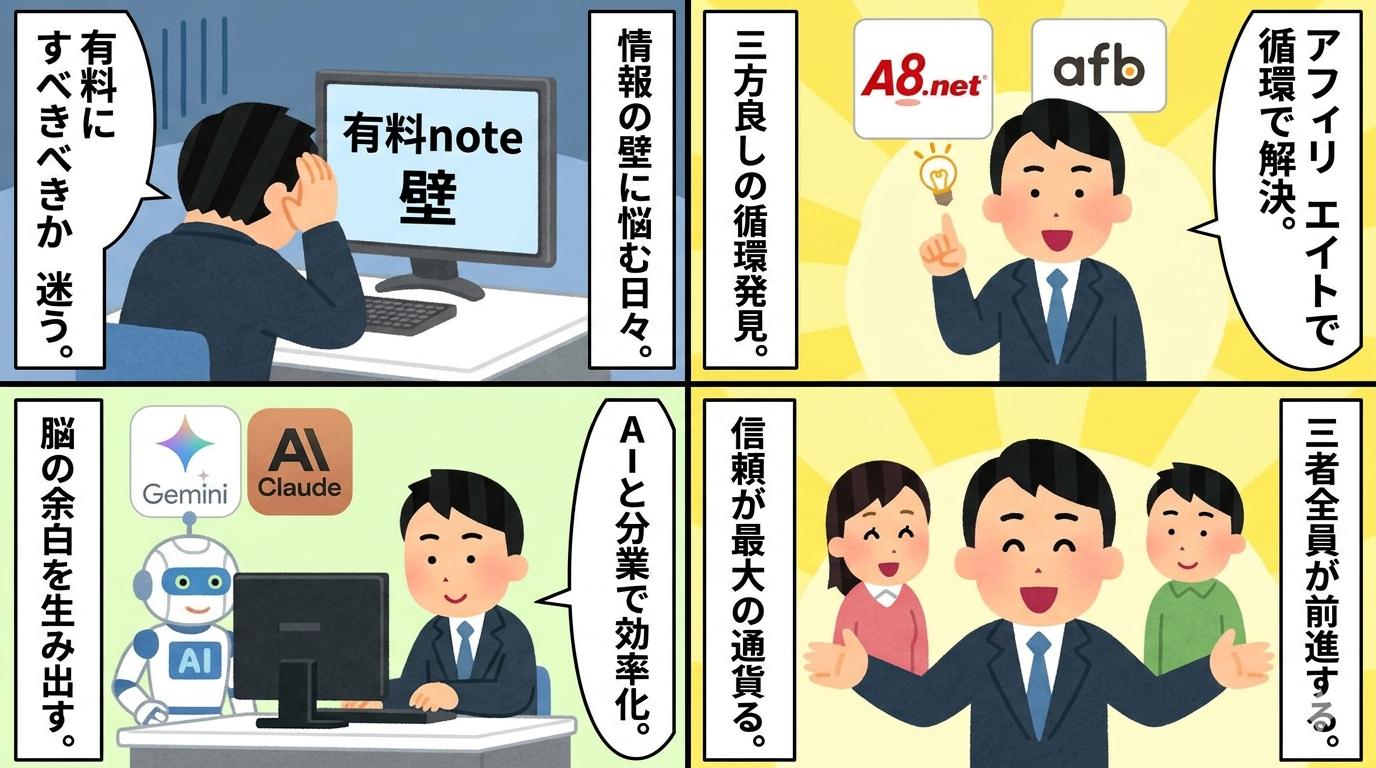 有料note・三方良しの循環・AIとの分業・信頼が最大の通貨をテーマにした4コマ漫画