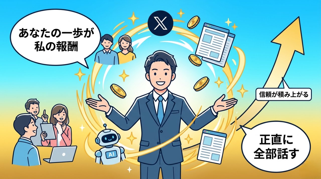 あなたの一歩が私の報酬・正直に全部話すというメッセージを表した結論イラスト