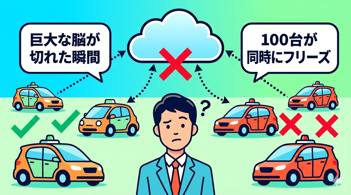 クラウド通信が切断され100台のロボタクシーが同時にフリーズするメカニズム図解