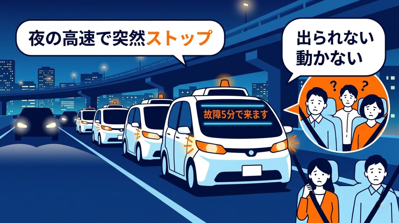 夜の高速道路で一斉停止したロボタクシーと車内に閉じ込められた乗客