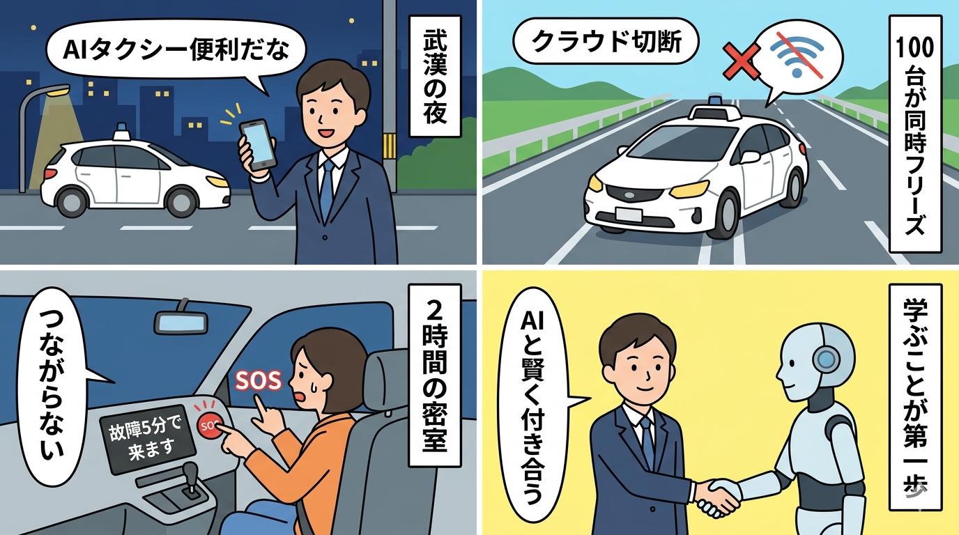 ロボタクシー集団フリーズ事件を4コマ漫画で図解：AIタクシー乗車から密室2時間・AIと賢く付き合う教訓まで
