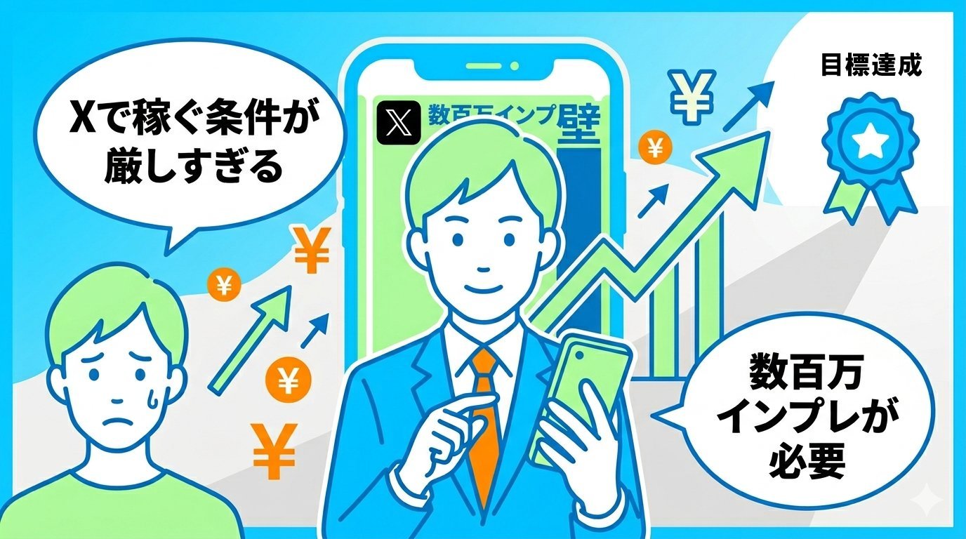 Xで稼ぐ条件の厳しさを示すイラスト