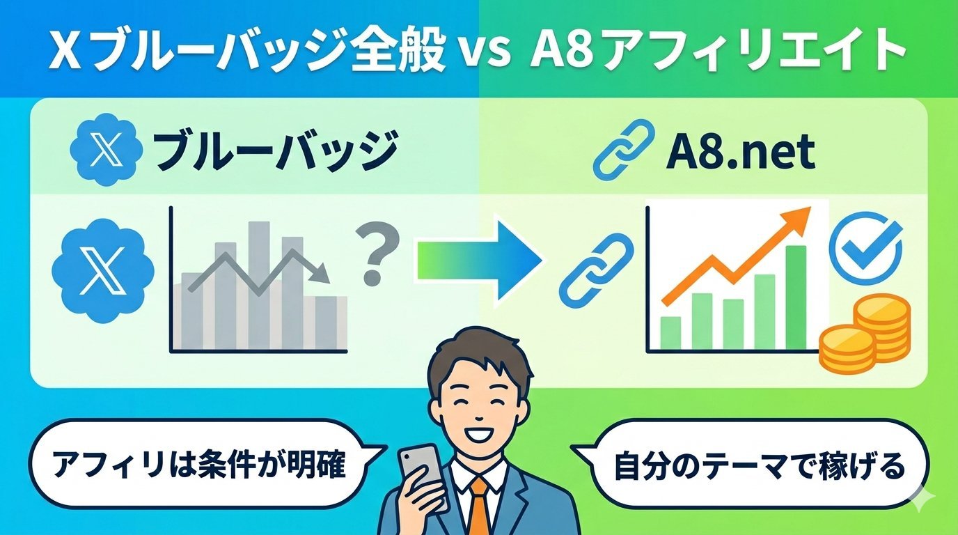 Xブルーバッジ収益分配とA8.netアフィリエイトの比較イラスト