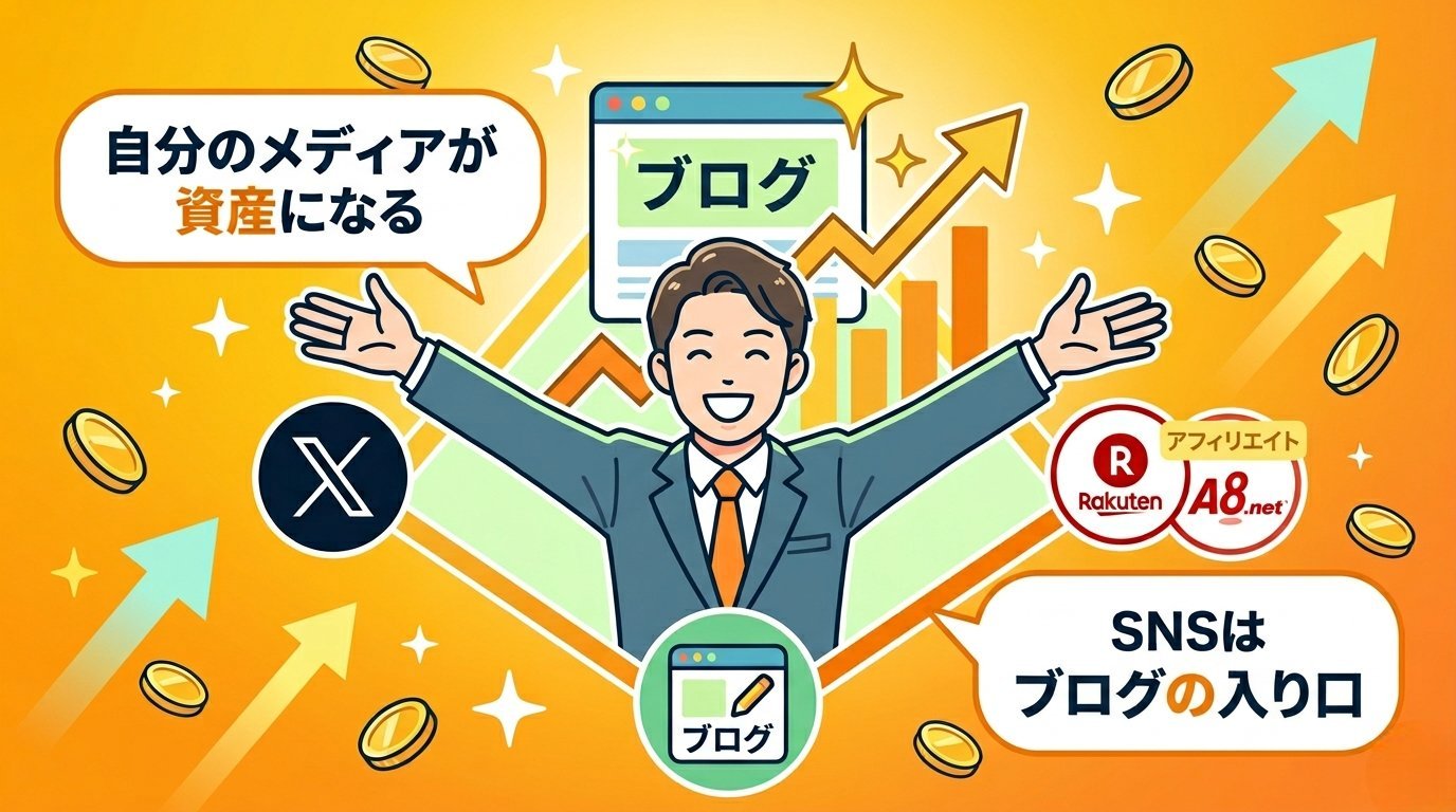 ブログとSNSを組み合わせた安定副業の未来イメージイラスト