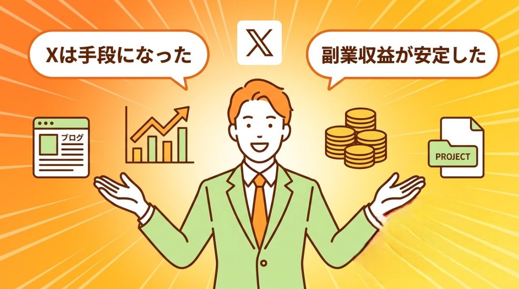 Xは手段になった・副業収益が安定したと語る笑顔のビジネスパーソンのイラスト