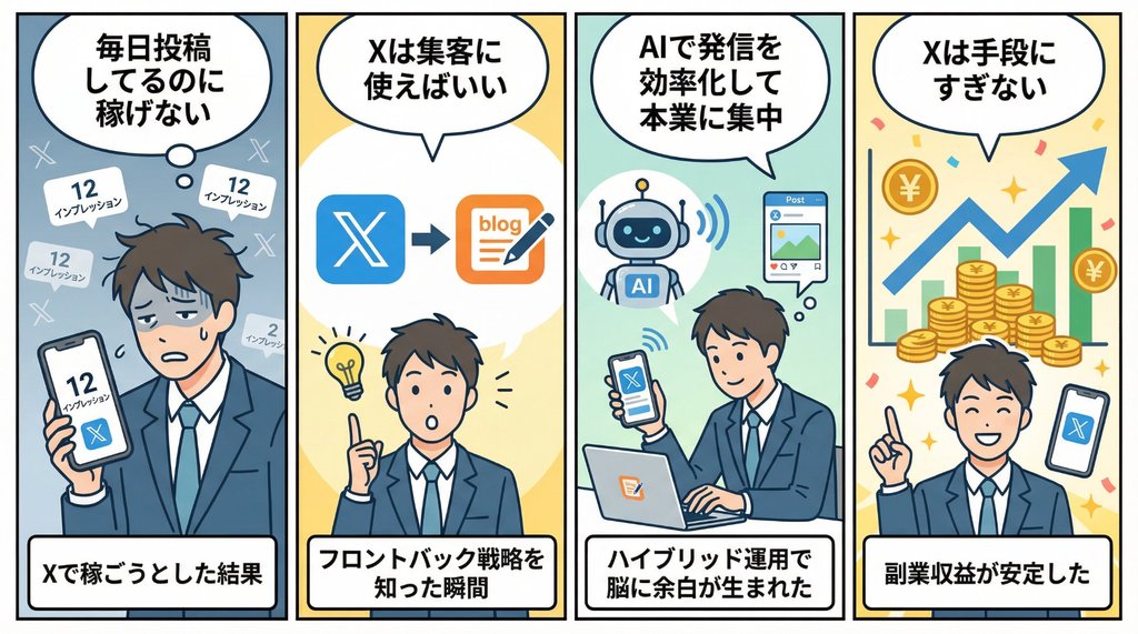 Xフロントバック戦略の4コマ漫画図解:課題提起から副業収益安定までの流れ