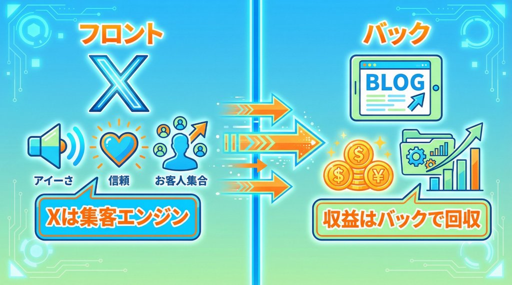 Xをフロントとしてブログやコンテンツのバックへ繋ぐフロントバック戦略の図解