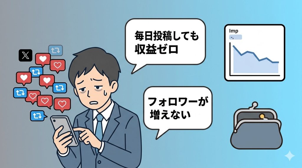 毎日投稿しても収益ゼロ・フォロワーが増えないと悩むビジネスパーソンのイラスト