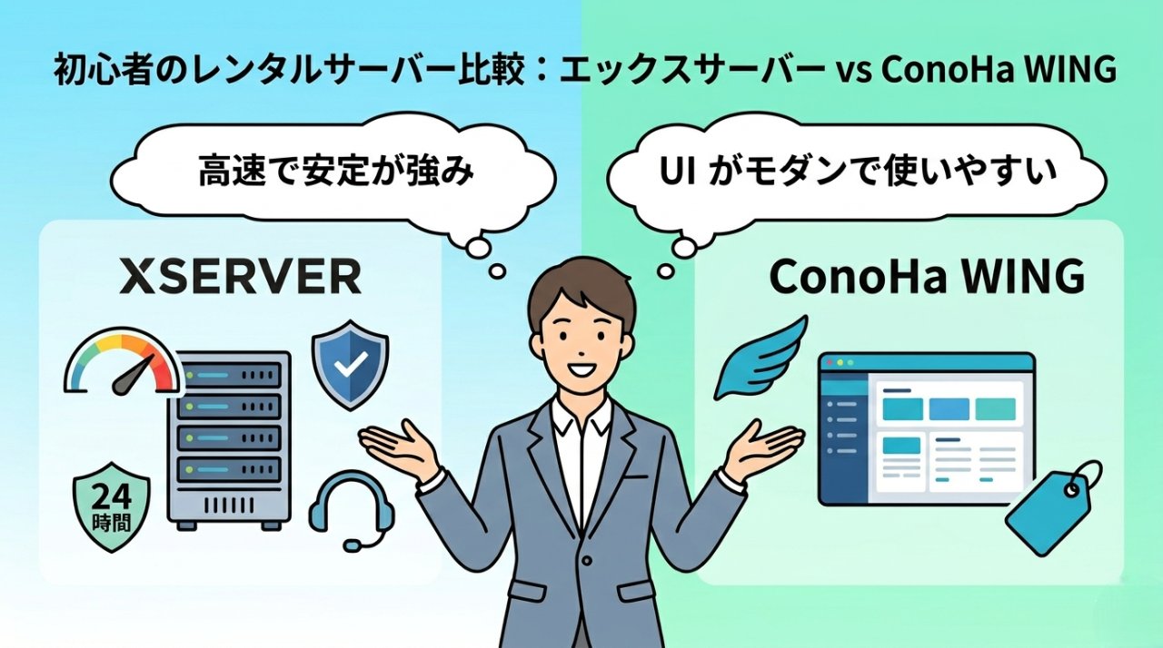 エックスサーバーとConoHa WINGの特徴を比較するイラスト