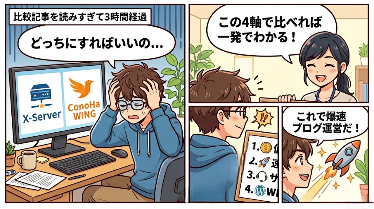 サーバー選びを4コマ漫画で図解したイラスト