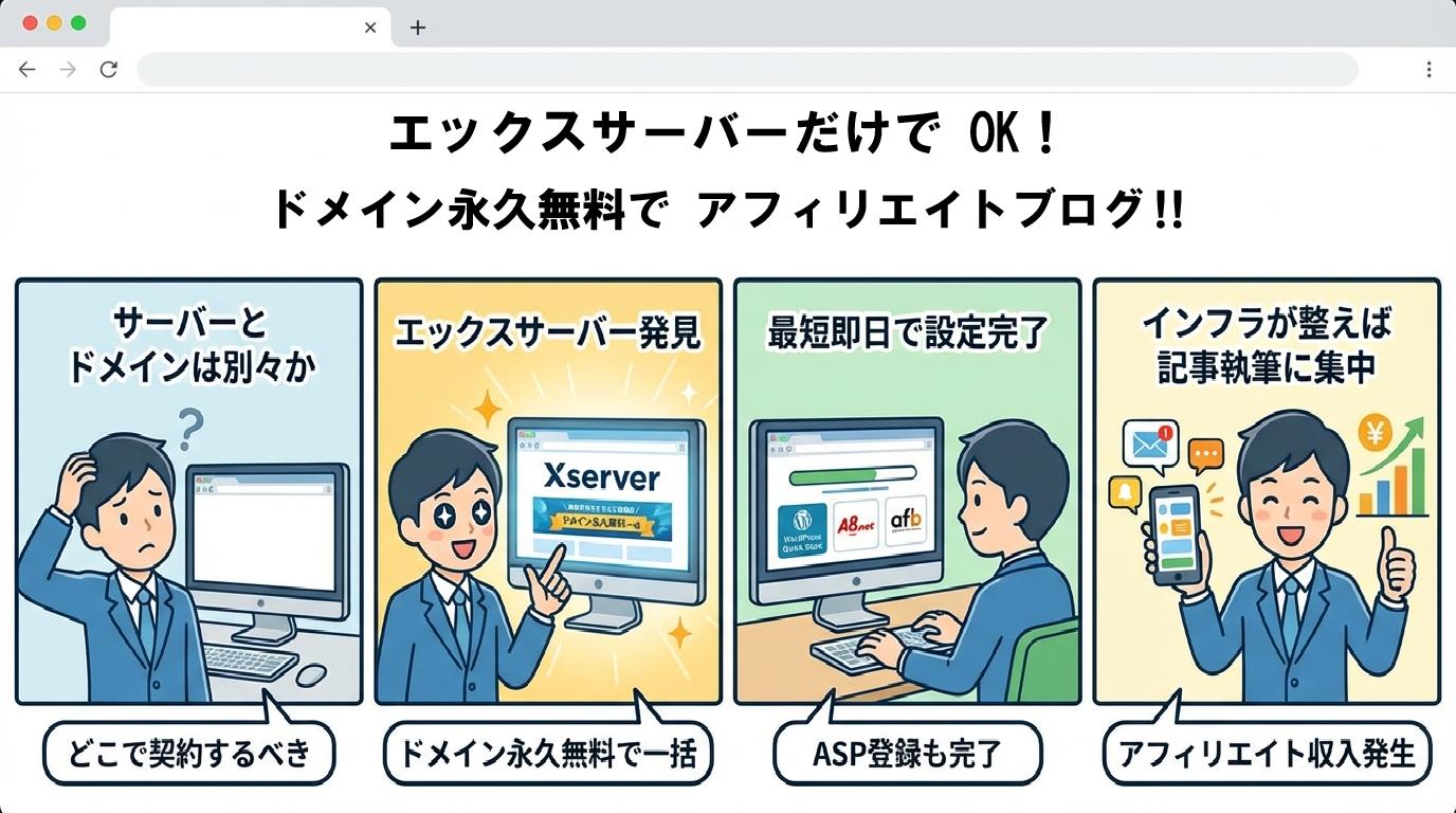 エックスサーバーでアフィリエイトブログ開設の流れを示す4コマ漫画