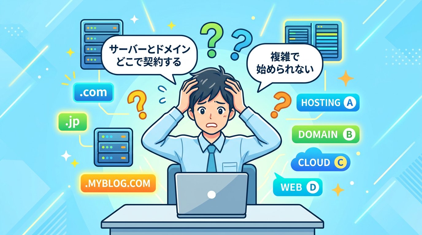 サーバーとドメイン選びで迷う初心者のイラスト