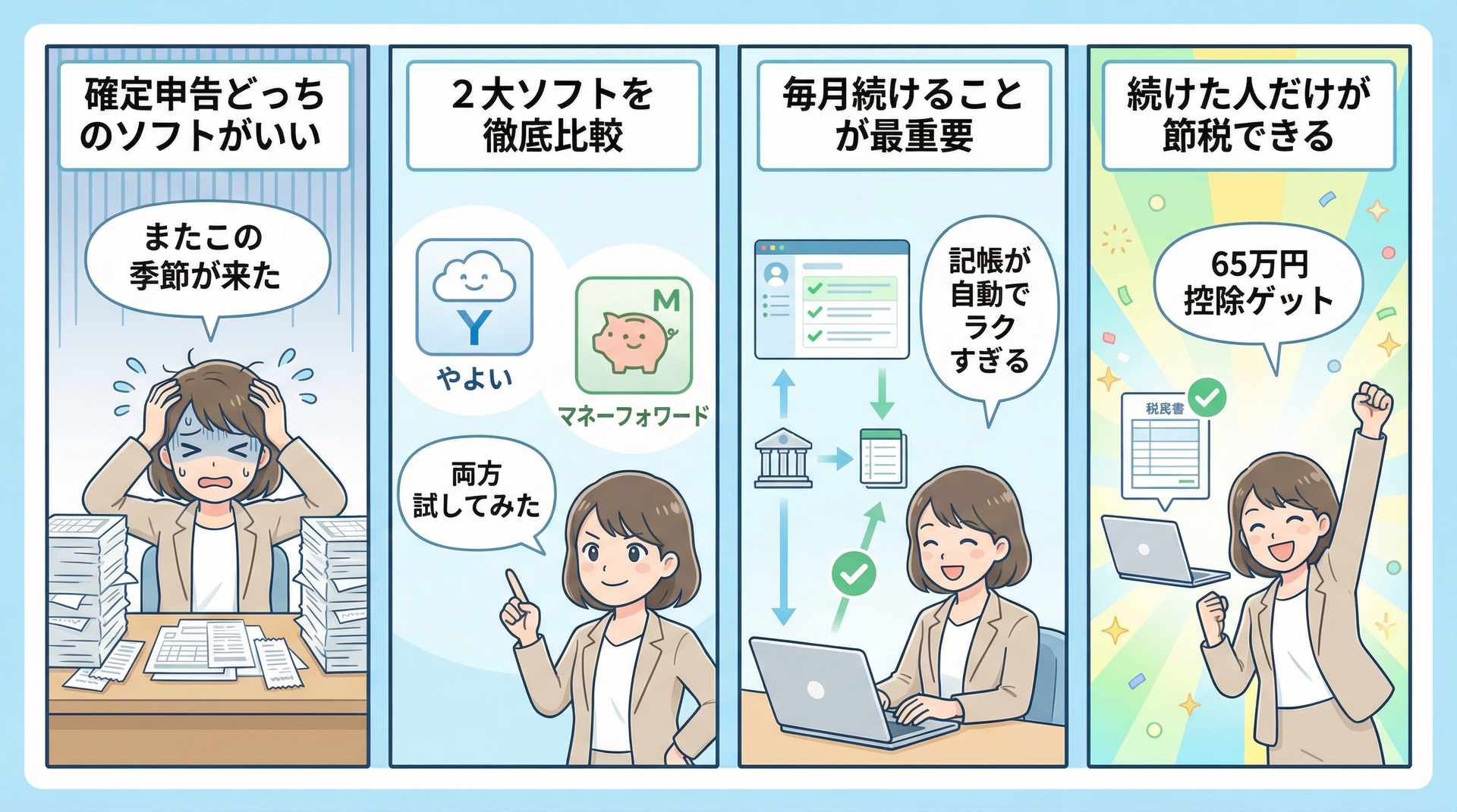 確定申告ソフト比較4コマ漫画・やよいvsマネーフォワードの選び方