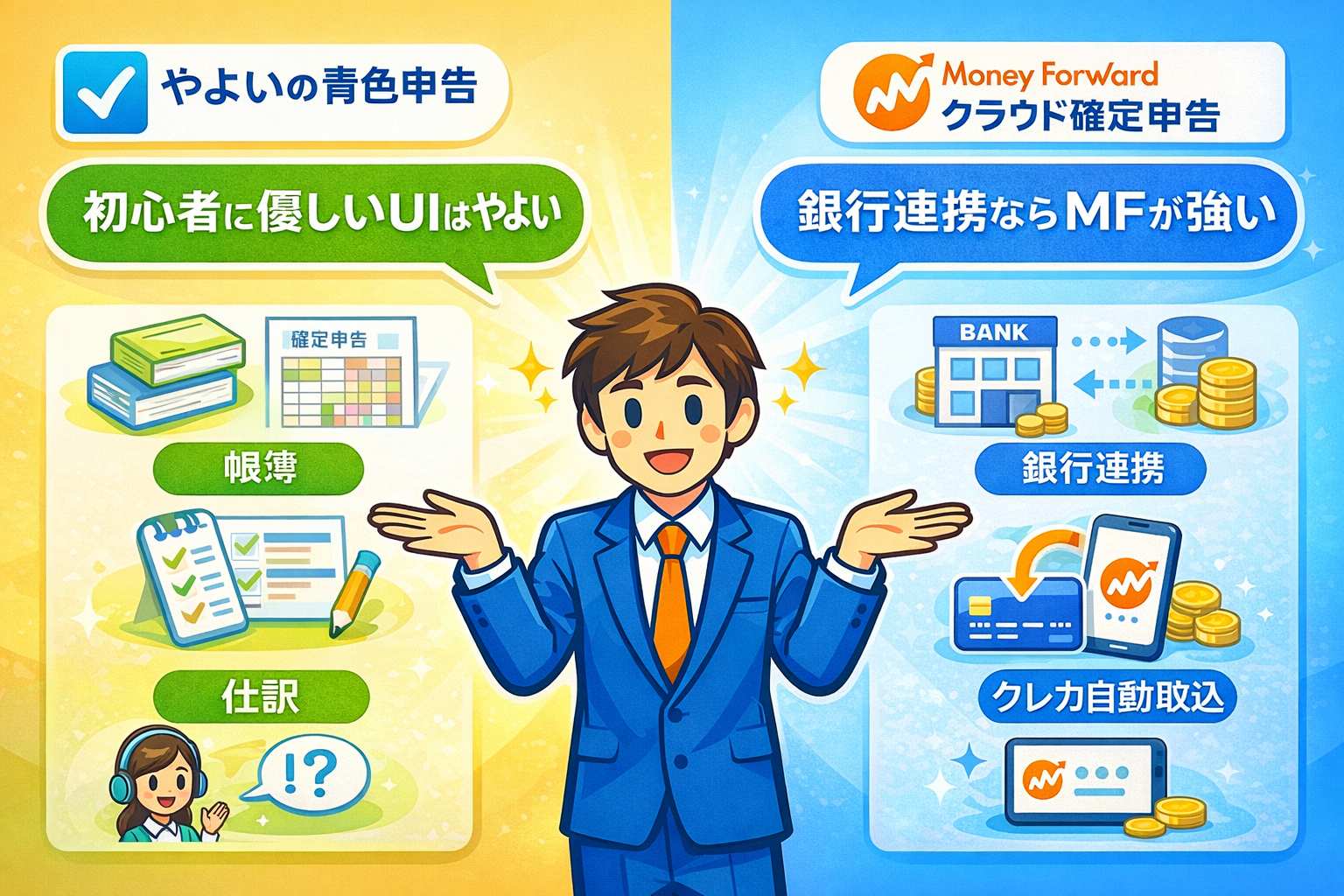 やよいの青色申告とマネーフォワードクラウド確定申告の機能比較図