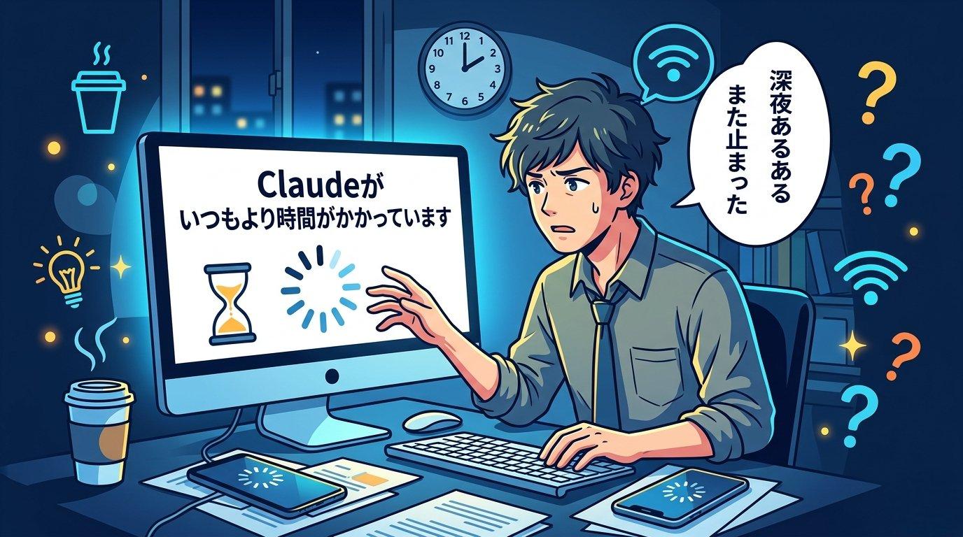 深夜にClaudeが いつもより時間がかかっています と表示されて困っている場面