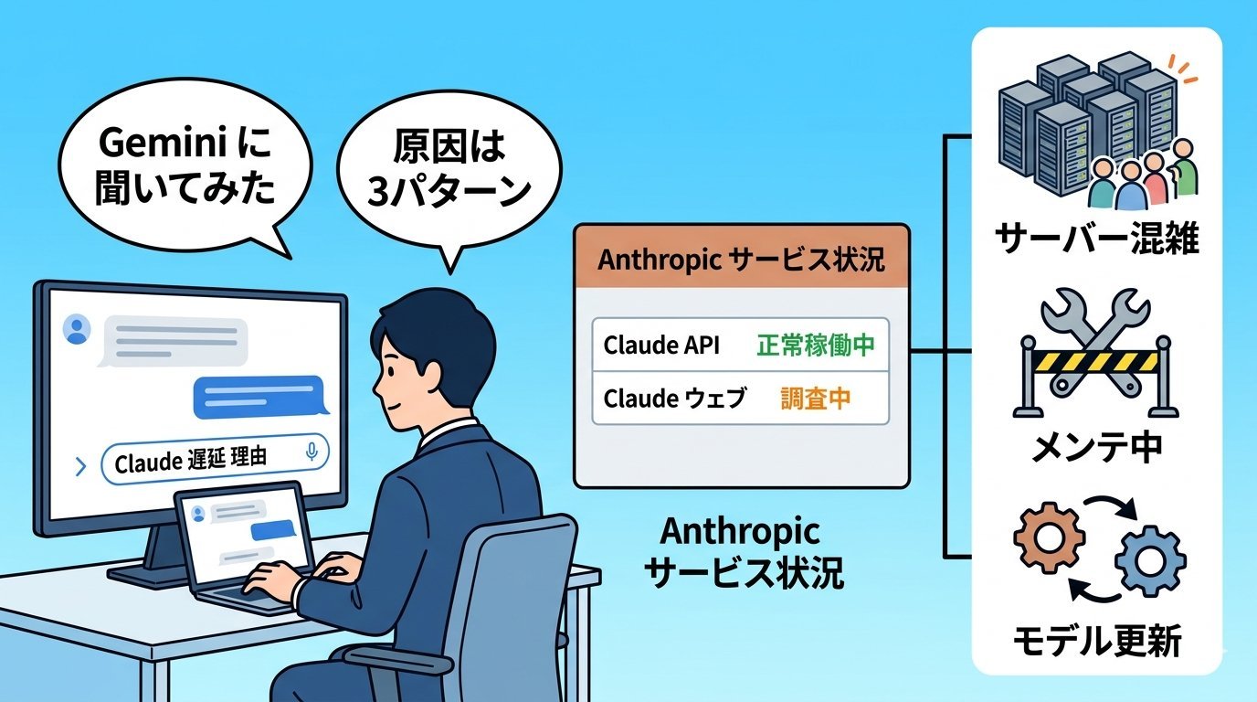 GeminiにClaudeの遅延原因を質問してAnthropicのステータスページと3パターンを確認している図解