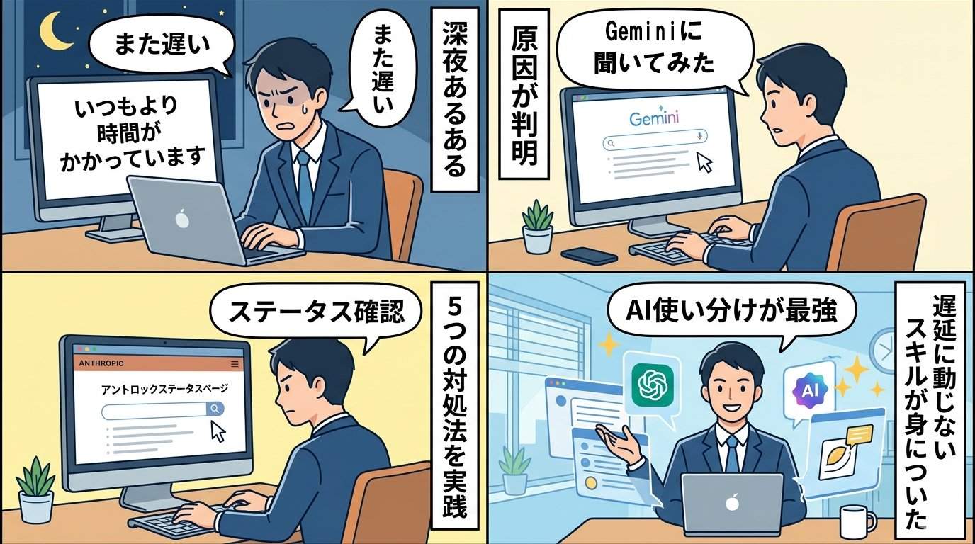 Claudeの遅延対処法を4コマ漫画で図解