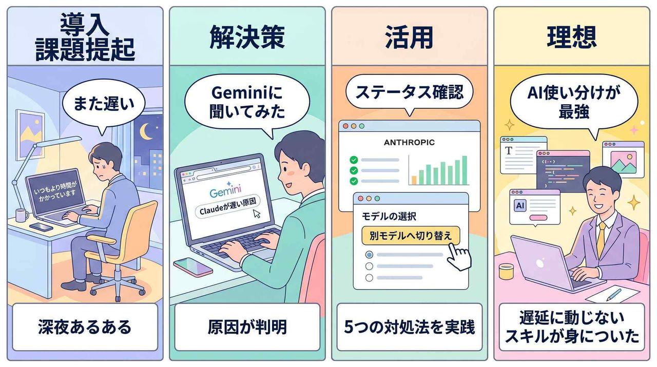 Claude遅延への対処法と複数AI活用を図解した4コマ